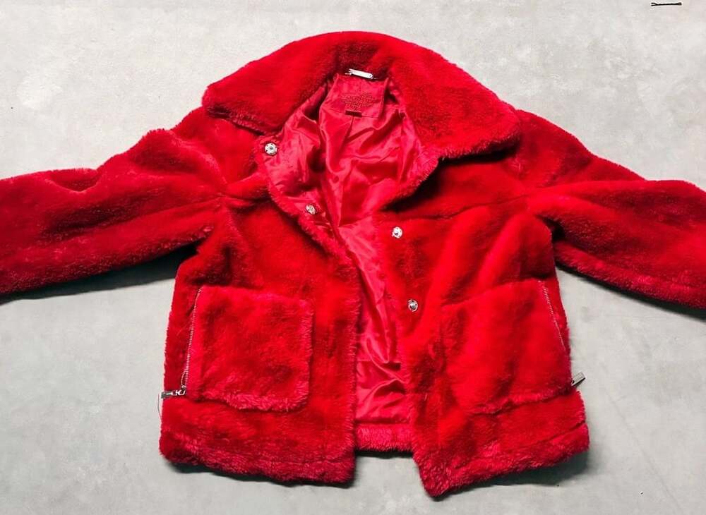 JouJou Faux Fur Jacket Size XS Red Plush Teddy Coat Pockets